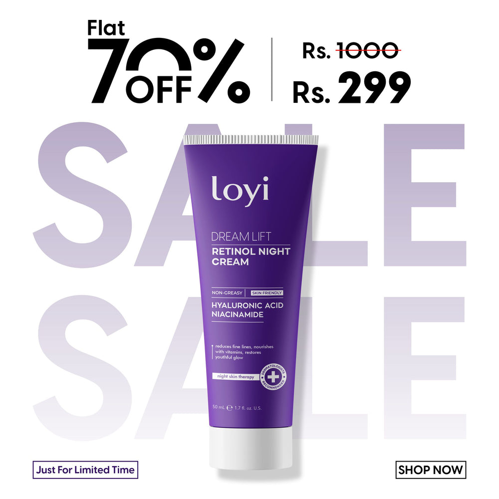 LOYI Dream Lift Retinol Night Cream, purple squeeze tube with niacinamide