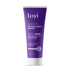LOYI Dream Lift Retinol Night Cream, purple squeeze tube front view with niacinamide