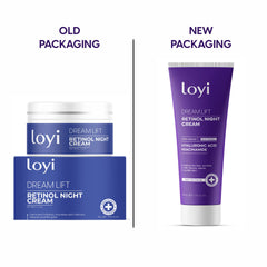 LOYI Retinol Night Cream packaging - older jar and box beside the new purple tube