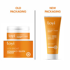 LOYI Vitamin C and Glutathione Cream packaging - older jar and box beside the new orange tube