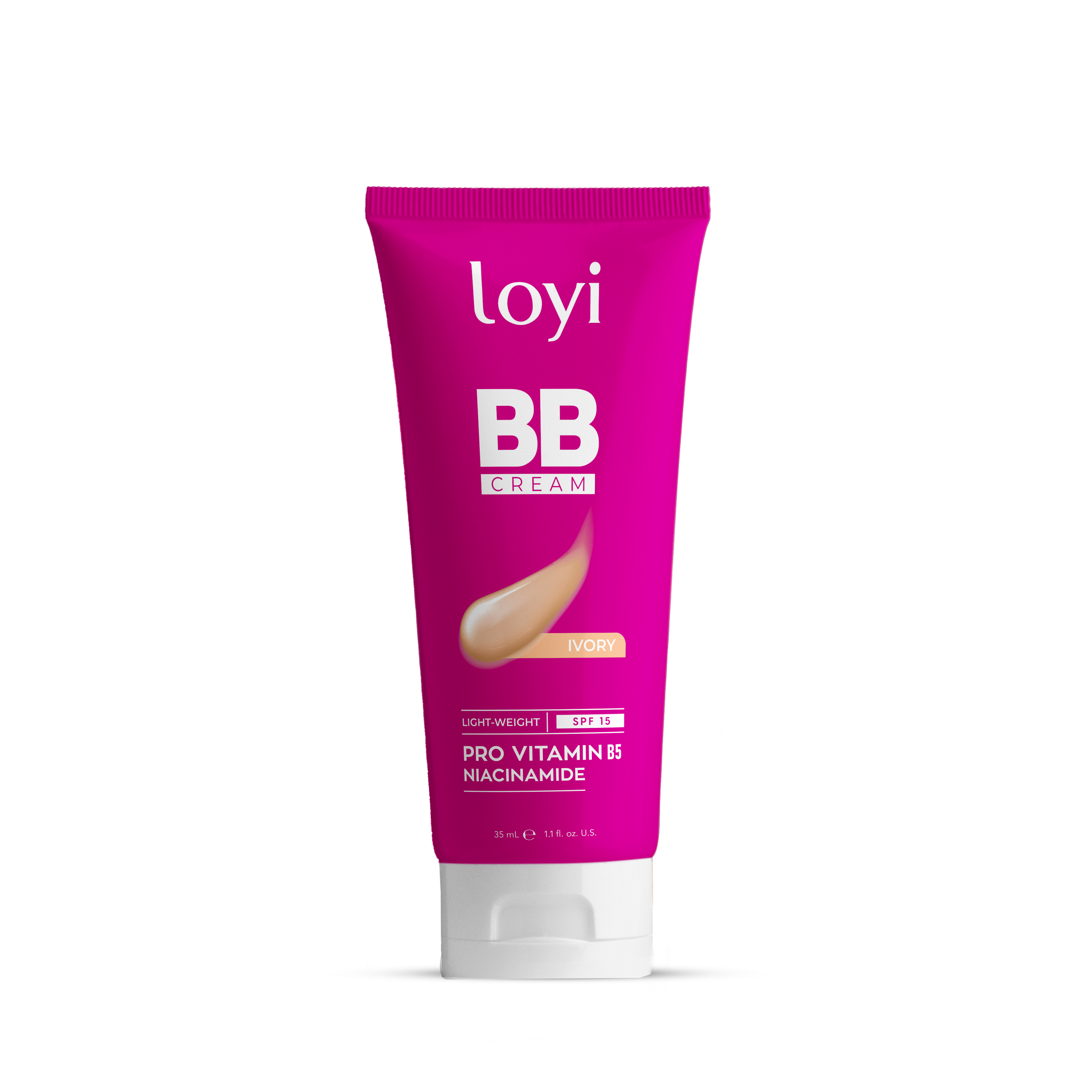 LOYI BB Cream SPF 15 35ml, pink Ivory-shade tube angled on a dark styled podium