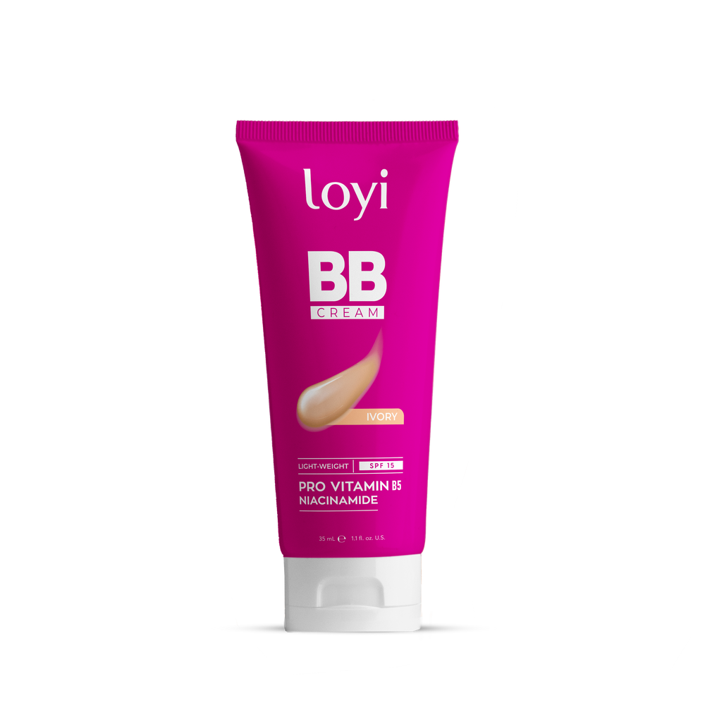 LOYI BB Cream SPF 15 35ml, pink Ivory-shade tube angled on a dark styled podium