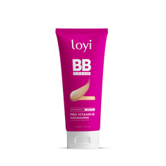 LOYI BB Cream SPF 15 35ml, pink Ivory-shade tube angled on a dark styled podium