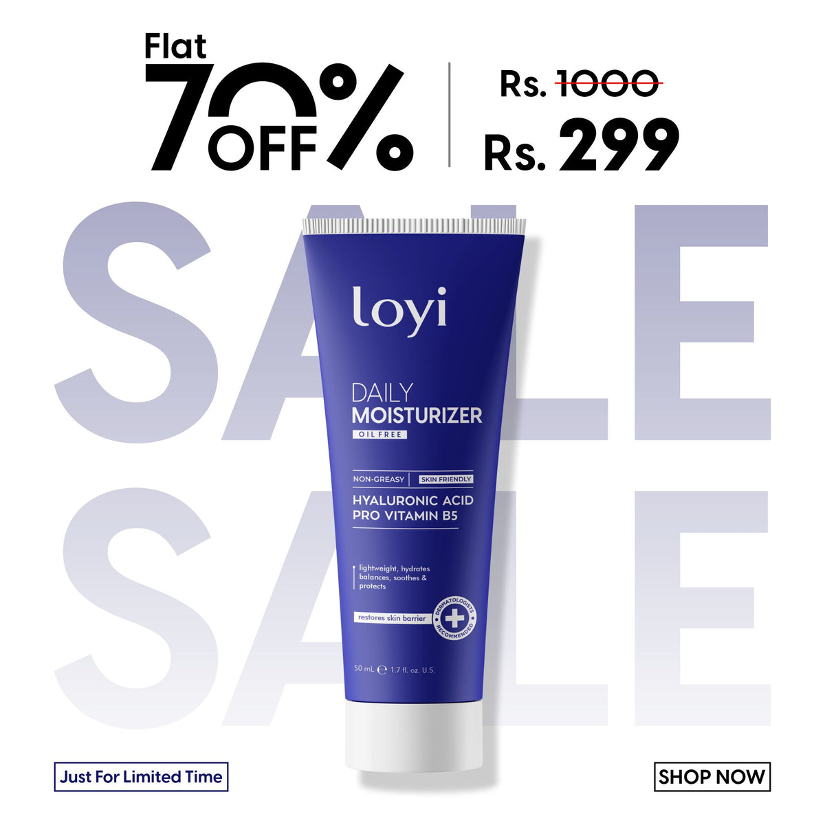 LOYI Daily Oil-Free Moisturizer 50ml, blue tube with hyaluronic acid and pro-vitamin B5