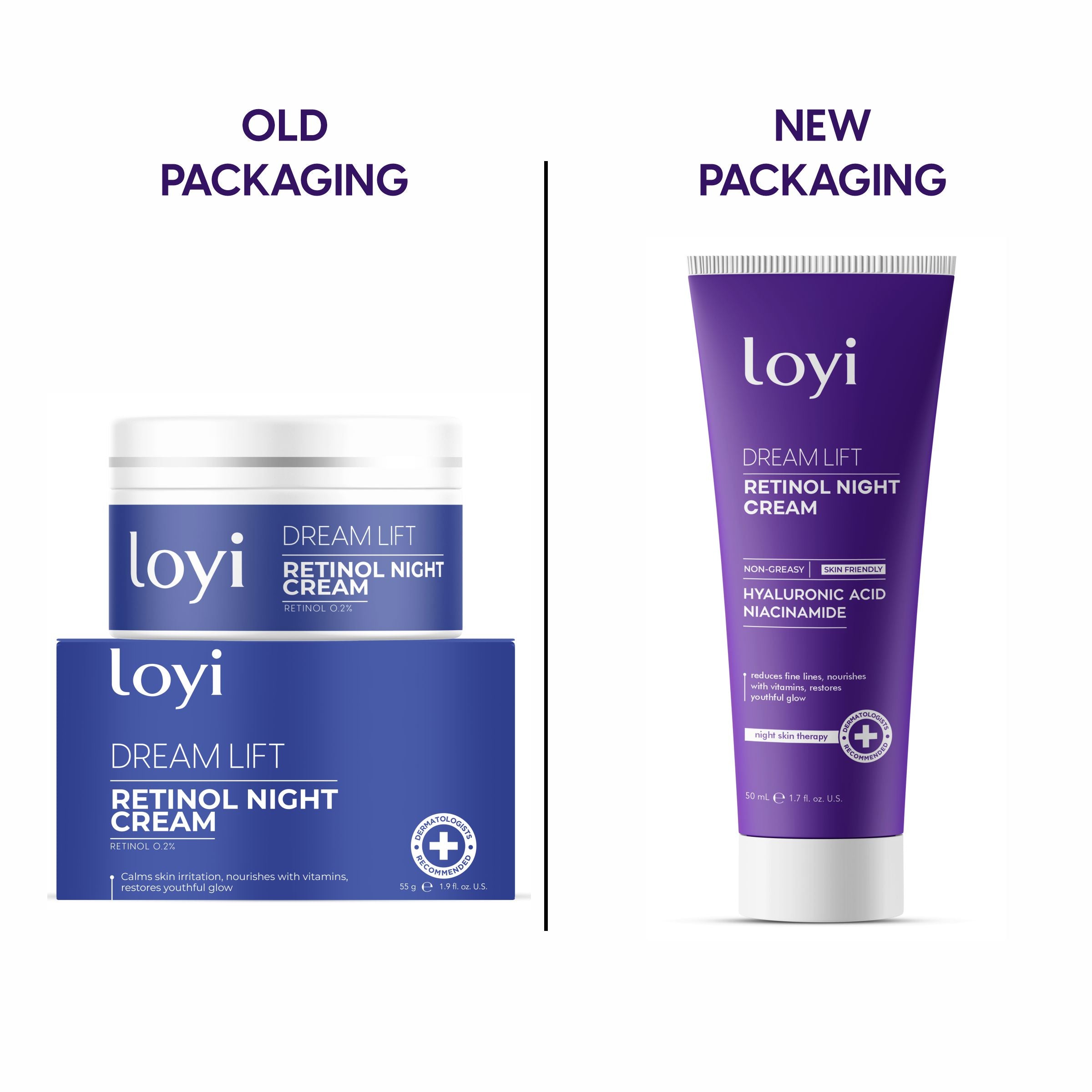 LOYI Retinol Night Cream packaging - older jar and box beside the new purple tube
