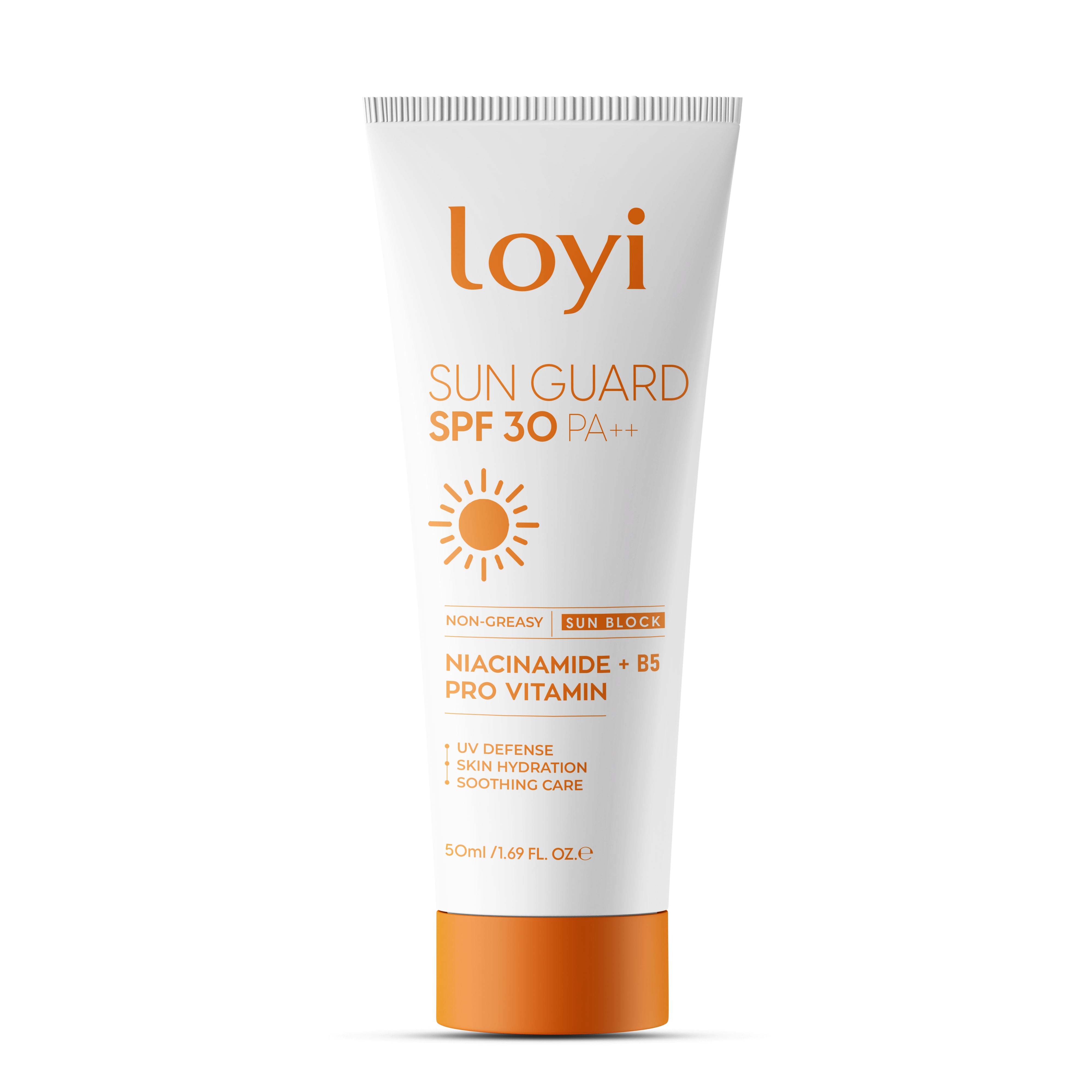 LOYI Sun Guard SPF 30 PA++ Sunblock 50ml, white tube with orange cap, non-greasy daily sunscreen