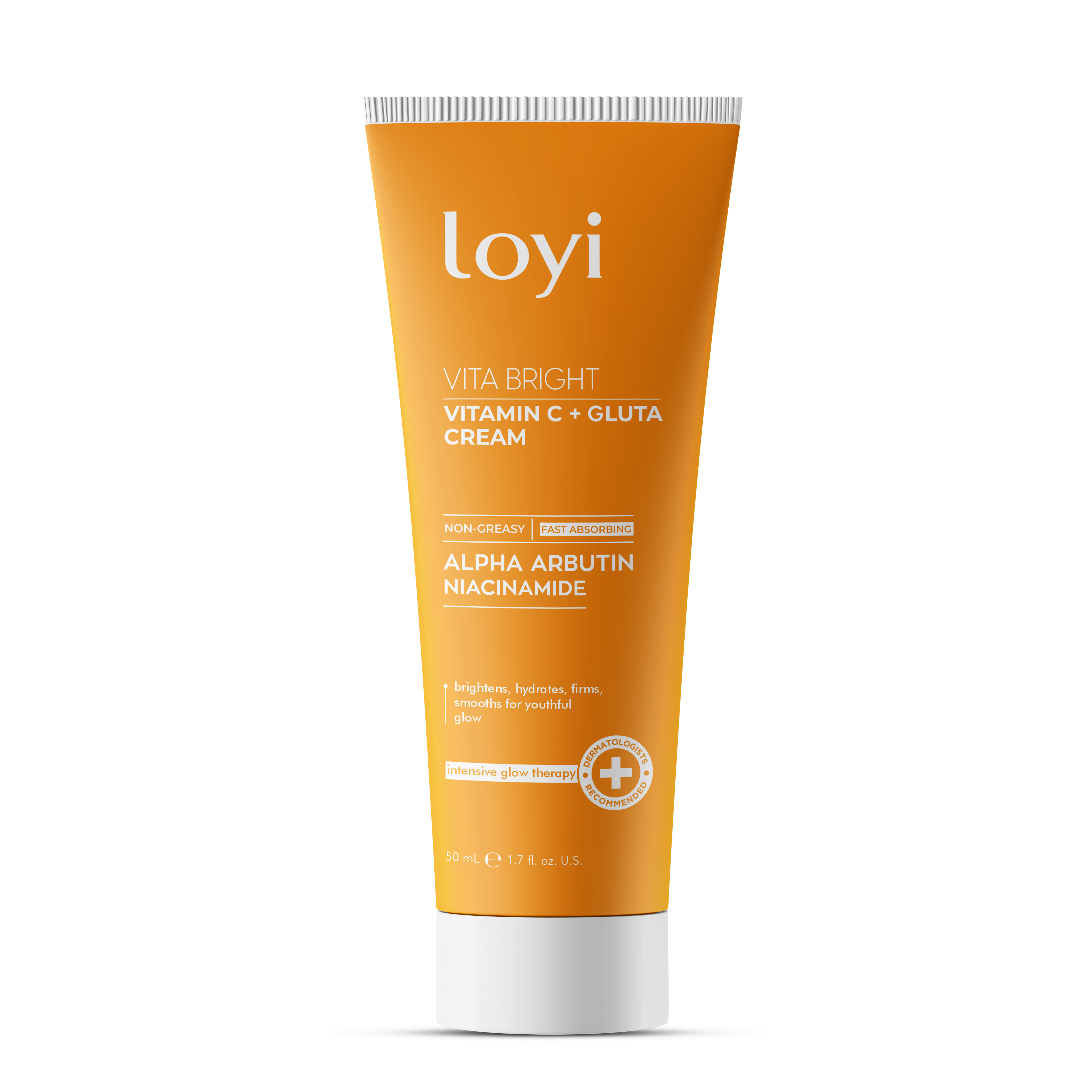 LOYI Vita Bright Vitamin C and Glutathione Cream, orange squeeze tube front view with niacinamide
